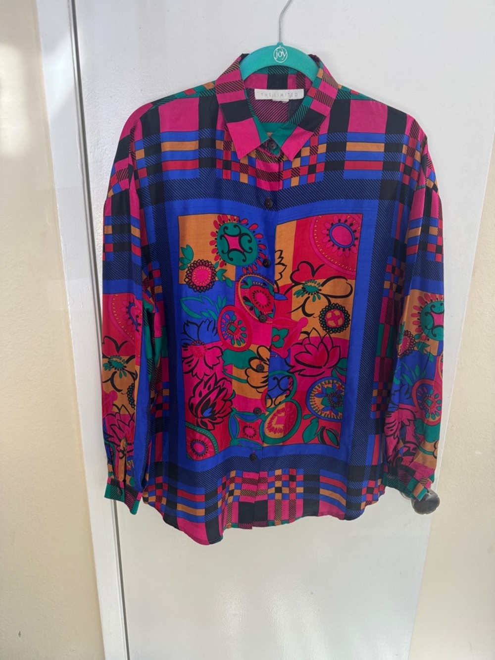 The Limited Teal, Magenta & Black Plaid Floral Button-Up